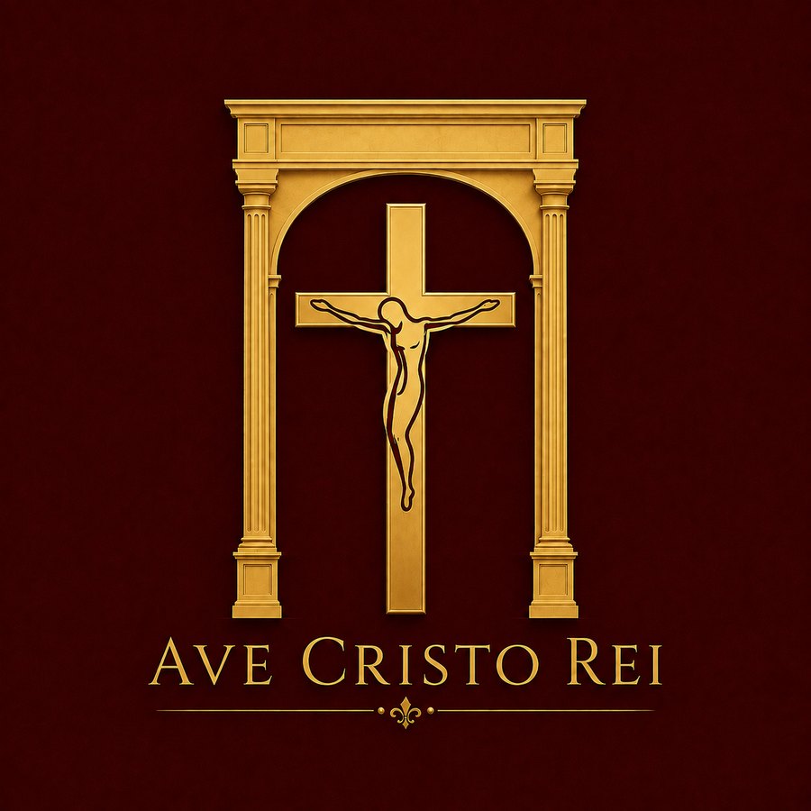 Logomarca Ave Cristo Rei: arco com colunas e a cruz ao centro, em dourado sobre vinho